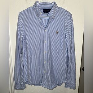 Polo Ralph Lauren Knit Oxford Button Down Shirt Womens Large Blue Striped Preppy